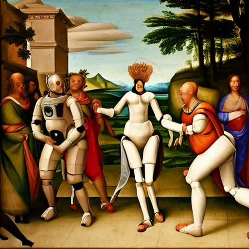 Prompt: a robot walking , Renaissance painting style