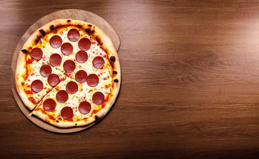 Image similar to a pizza on wooden table, natural light, cinematic lighting, 8 k