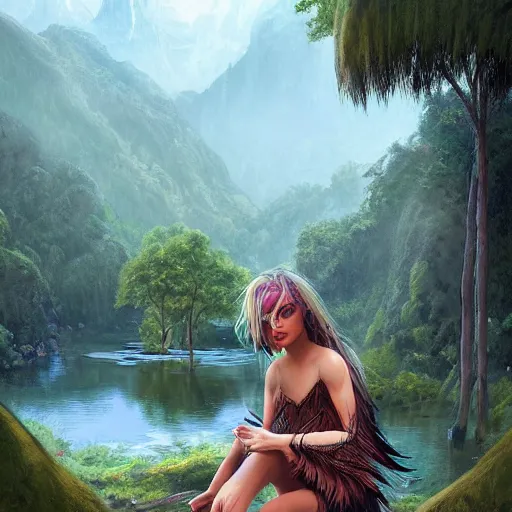 Image similar to Harpy, mythical hybrid, wearing Inka clothes, sitting at a pond, mountainous area, trees in the background, oil painting, by Fernanda Suarez and Greg Rutkowski