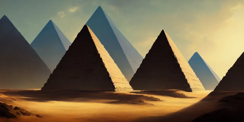 Image similar to pyramids, extremely detailed minimalist painting, in the style of fenghua zhong and ruan jia and jeremy lipking and peter mohrbacher, mystical colors, rim light, beautiful lighting, 8 k, stunning scene, raytracing, octane, trending on artstation