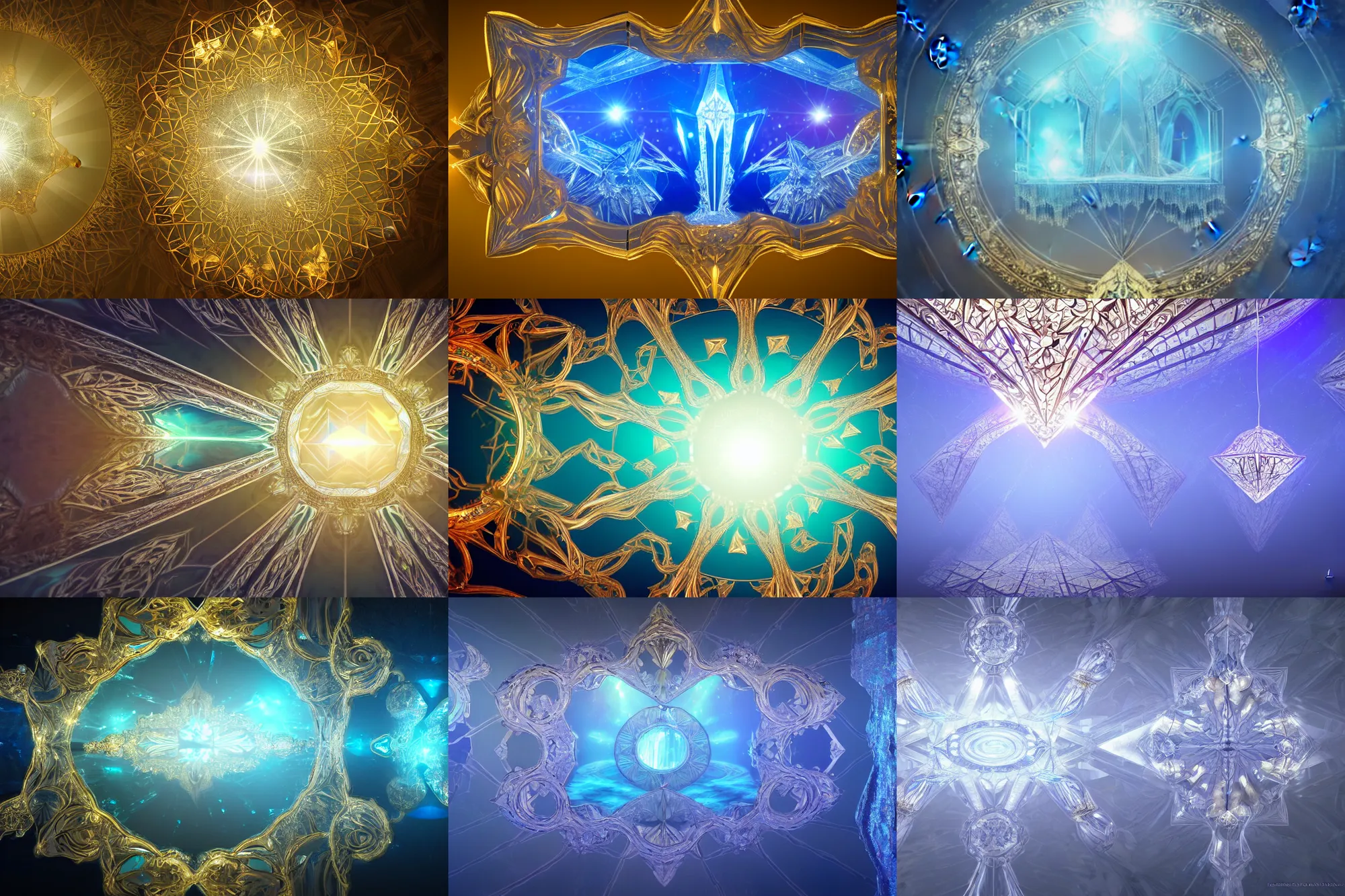 Prompt: magical crystal formation in the middle of a calm mirror ocean, concept art, art nouveau, ornate, intricate, emitting light ornaments, volumetric lighting