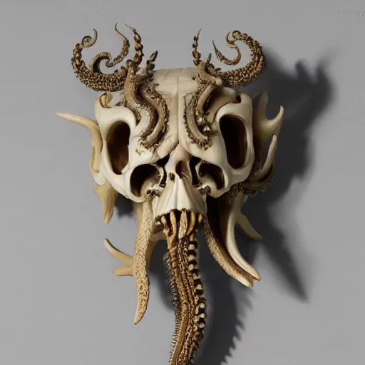 Image similar to an intricately detailed carving in an wolf - octopus skull, rococo ornate bone and ivory sculpted skull with teeth and tentacles, horror, artifact, micro detailed, inscribed with occult symbols, otherworldly