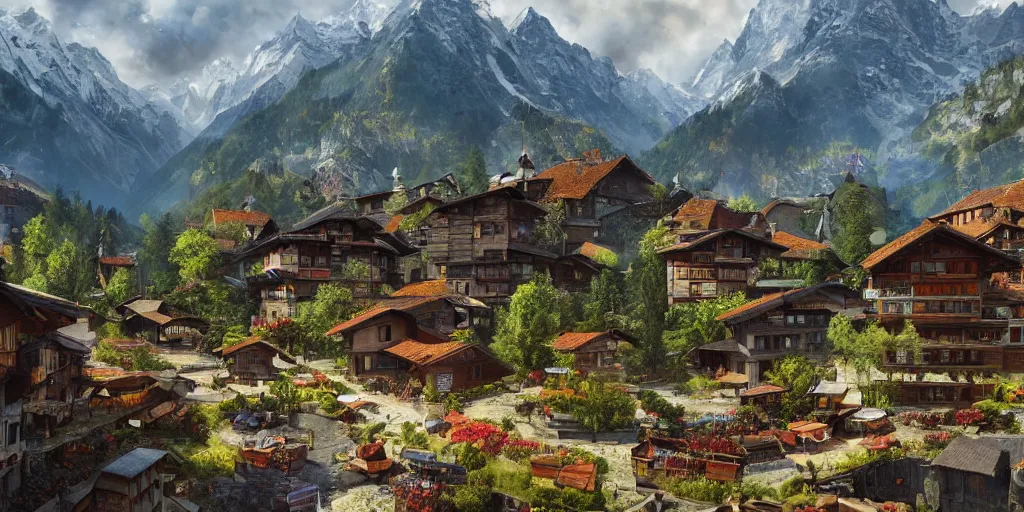 Prompt: A Swiss town as Far Cry 4 concept art, spring season, beautiful, gorgeous buildings, oil painting, painting by Viktor Vasnetsov, concept art, fantasy cityscape, swiss architecture, painting by Ivan Shishkin, hyperborea, high resolution, trending on artstation,