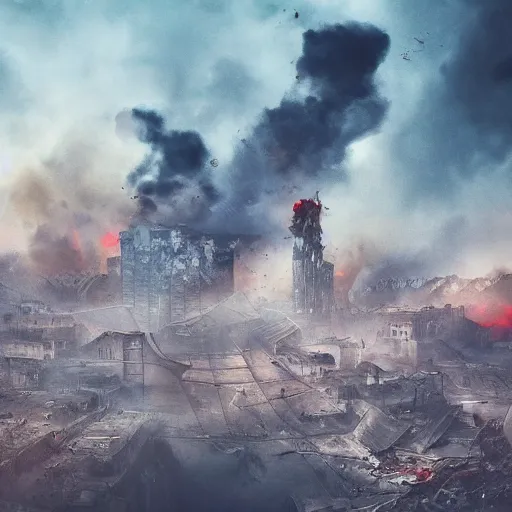 Prompt: destroyed city, dystopian, war, real, thick vivid blue smoke, red clouds, detailed, award winning, masterpiece