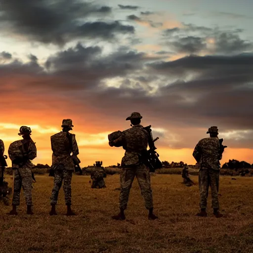 Prompt: an army of a million Barrack Obama’s on the battlefield with a beautiful sunset in the distance behind them, high contrast 4k hd photograph,