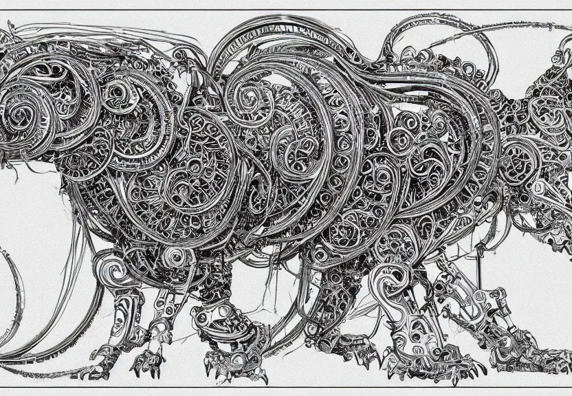Image similar to spacious schematic blueprint of highly detailed ornate filigreed convoluted ornamented elaborate cybernetic rat standing in a white void, full body, character design, inside frame, art by da vinci