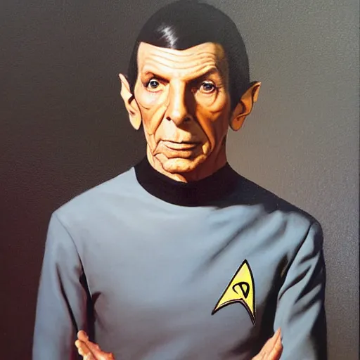 Prompt: a portrait painting Lenord Nimoy as Spock from Star Trek painted by Norman Rockwell