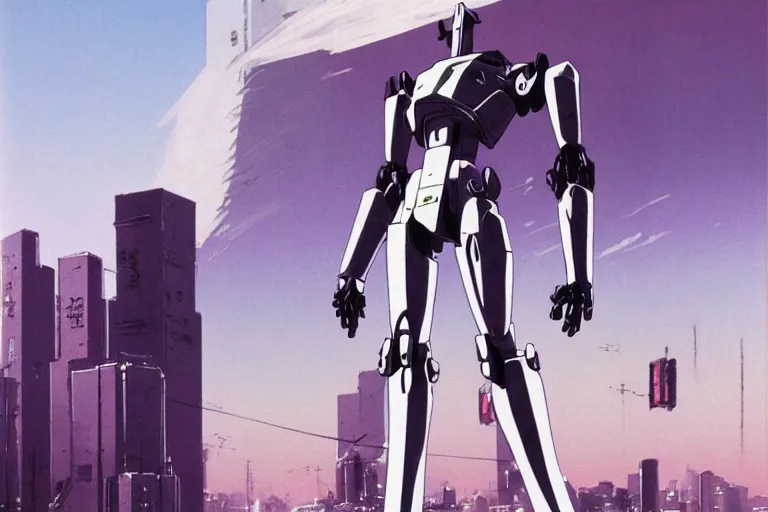Prompt: 1 9 8 0 s anime screenshot of a sleek, slender, human - scale mecha suit defending the city streets, designed by hideaki anno, drawn by tsutomu nihei, and painted by zdzislaw beksinski