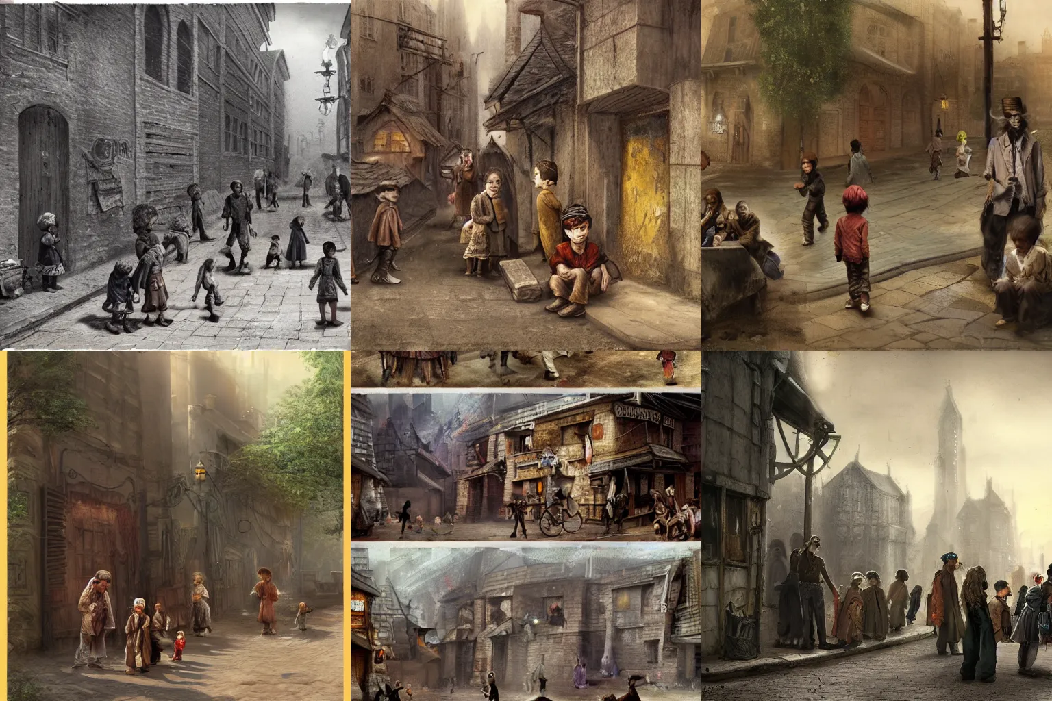 Prompt: street urchins, orphans, beggars, fantasy settings, matte painting