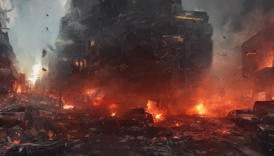 Image similar to washington dc destroying by missiles, explosions, fire, debris, buildings collapsing, damaged streets, people fleeing, smoke columns, war, hyperdetailed, artstation, cgsociety, 8 k