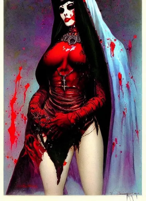 Image similar to portrait of bald iranian vampiress, jeweled veil, strong line, saturated color, beautiful! coherent! by frank frazetta, high contrast, blood splatter background