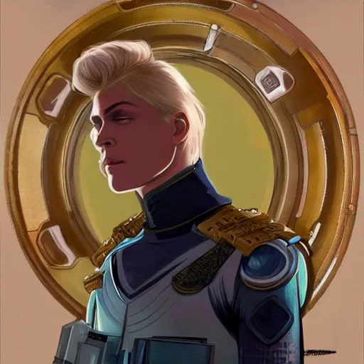 Image similar to uncannily beautiful blonde man, genetically perfect, with distant expression and piercing blue eyes, wearing fascist Byzantine police uniform and standing in ancient bronze arcology airlock, science fiction concept art by Anato Finnstark, Alphonse Mucha, and Greg Rutkowski