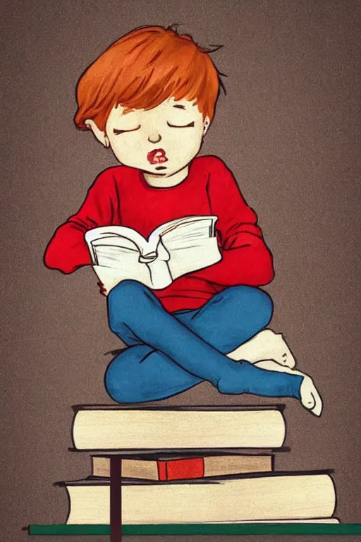 Image similar to a little boy with red hair sits cross legged on top of a tall pile of books. he is reading. clean elegant pretty cartoon painting, beautiful detailed face, storybook illustration.