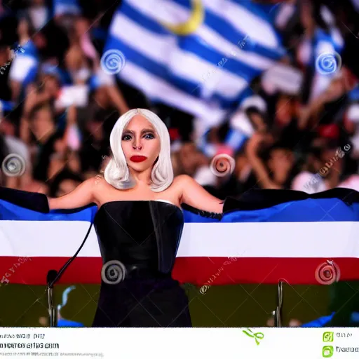 Image similar to Lady Gaga as president, Argentina presidential rally, Argentine flags behind, bokeh, giving a speech, detailed face, Argentina