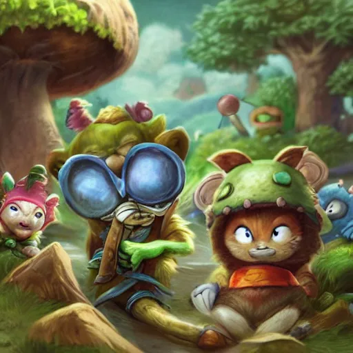 Image similar to Teemo from League of Legends, artwork by Martin Aitchison,Robert Ayton,John Berry,Frank Hampson,Robert Lumley,William Murray, B.H. Robinson, Gerald Whitcomb,Harry Wingfield, Eric Winter, Sep. E. Scott, a Rendering of a cinematic beautiful closeup moment of friends standing facing away from each other, Pensive Lonely, full of details, Matte painting, trending on artstation and unreal engine