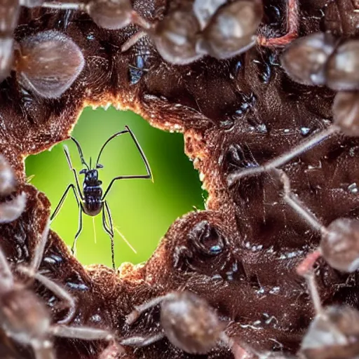 Image similar to an ant eating a seed, microscopic lense view