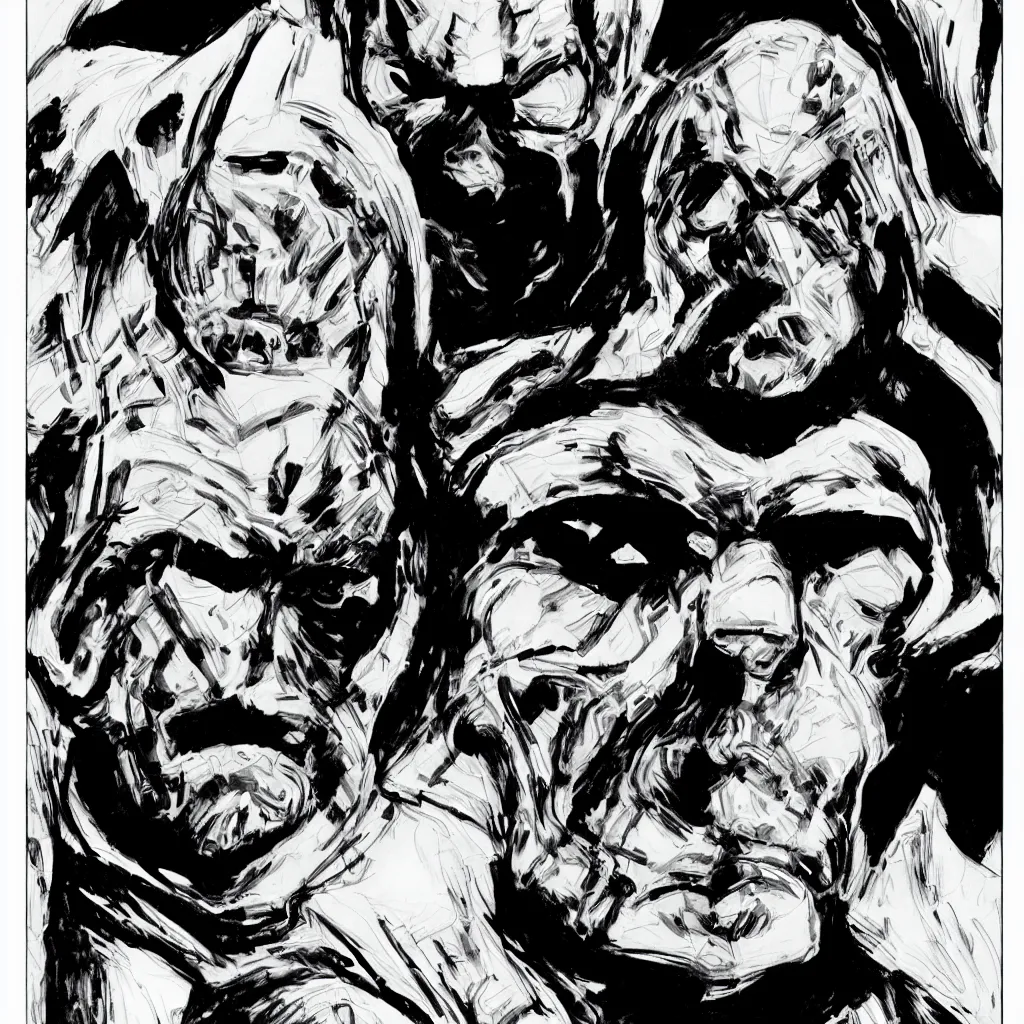 Image similar to A dramatic close-up portrait of Doctor Doom by Jack Kirby and Jim Steranko, highly detailed, 8k, sparse dark atmosphere, perfect pen and ink line art, large hulking figure, perfect muscle structure, highly hyperdetailed and precisely inked, perfect facial symmetry, futuristic, cosmic, full color, Marvel Comics 1975, Fantastic Four, dim lights, high technical detail