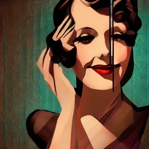 Image similar to smiling, happy, beautiful, intelligent, powerful 1 9 2 0 s movie star loving eyes, fully clothed, casual clothing, wise, beautiful, dramatic lighting, sharp focus, art deco patterns by stanley artgerm, retro futurism, dramatic lighting, trending on artstation, flat colour, geometric curves, gradient filter