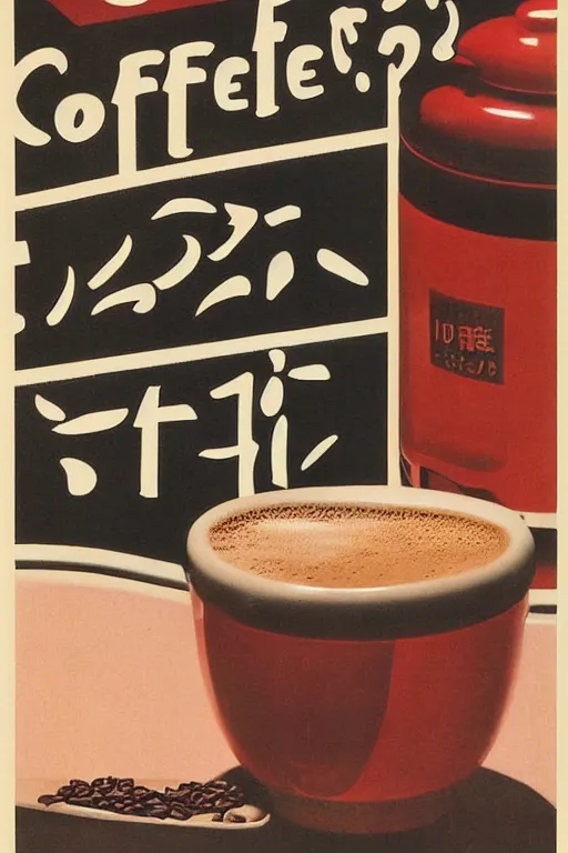 Image similar to coffee advertisment, still life, 1 9 7 0 s japan shouwa advertisement, print, nostalgic