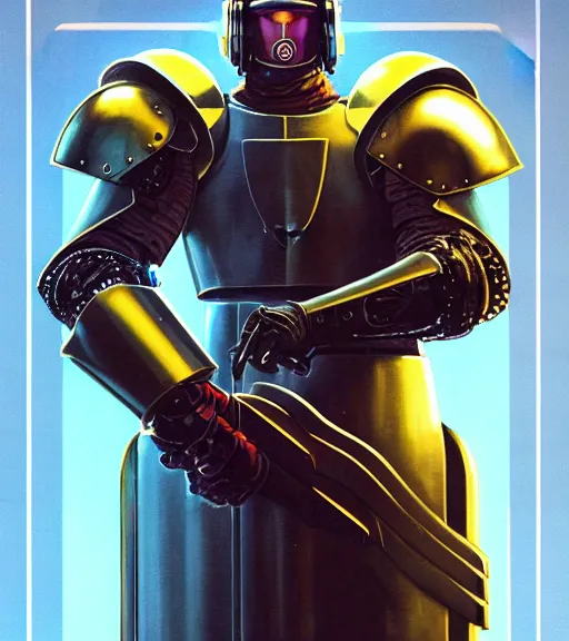 Image similar to a large cyberpunk paladin in rounded heavy plate armor with large shoulder pads and a spartan helmet and a very large circle shield he is holding a large spear in a cyberpunk setting, 1 9 2 9 omni magazine cover, style by vincent di fate, artgerm, cyberpunk 2 0 7 7, very coherent, detailed, 8 k resolution, unreal engine, daz