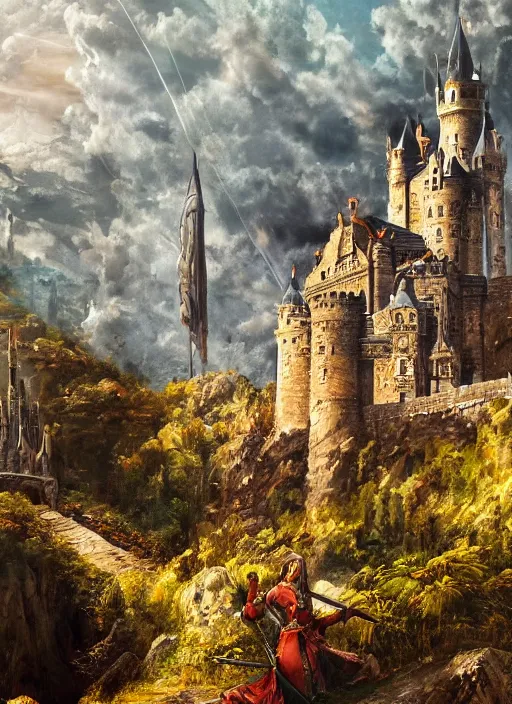 Prompt: huge and intricate castle in background, sword stuck in the dirt in the foreground, fantasy painting, realistic