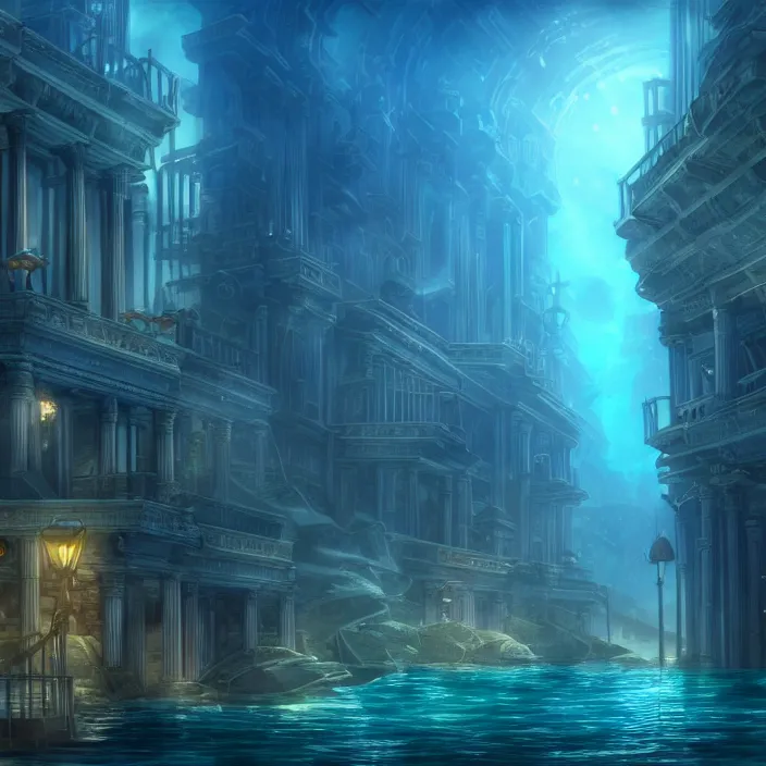 Image similar to hyper realistic, high detail photo of city of atlantis, underwater, lights on buildings, beautiful, dreary lighting