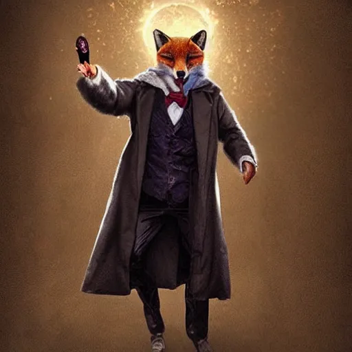 Prompt: fox in a coat, casting a spell, trending on artstation, doctor who