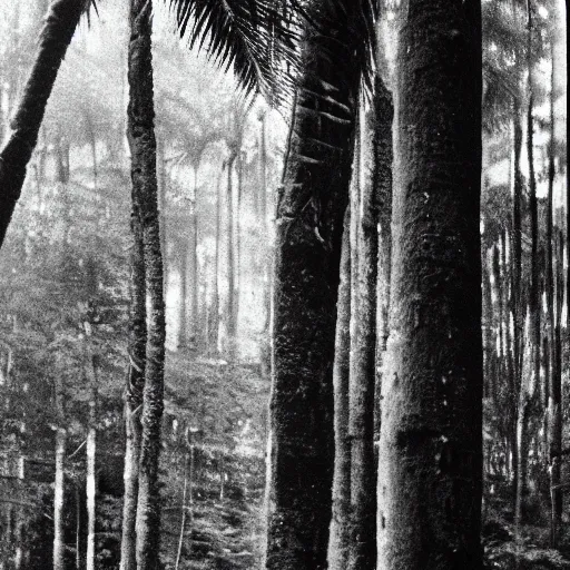 Image similar to lost film footage of a sacred totem, tropical forest, film still, cinematic, out of focus, enhanced, 1 9 2 0 s, black and white, grain