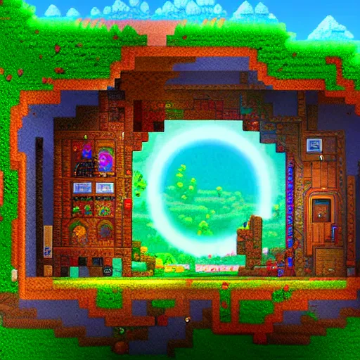 Image similar to portal to terraria. detailed. rule of thirds. intricate. sharp focus. wide angle. unreal engine 8 k. detailed pixel art by victor moura james hayes jim kjexrud