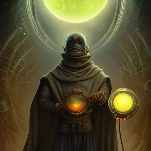 Image similar to rogue masked male wearing a cloak on an alien world and holding a holographic planet projection in his hand, detailed, sci - fi, digital painting, artstation, sharp focus, illustration, artgerm, tomasz alen kopera, peter mohrbacher, donato giancola, joseph christian leyendecker, wlop, frank frazetta