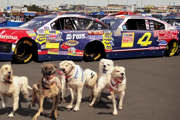 Prompt: vfx movie nascar driver covered in corporate sponsor logos holding up bone for pack of dogs in the u. s. senate. by emmanuel lubezki