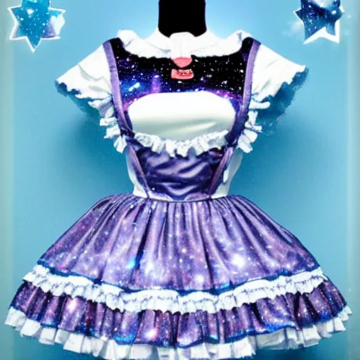 Prompt: A space-themed lolita outfit ; the fabric has pictures of galaxies moons and stars on it. A beautiful lolita dress, Angelic Pretty