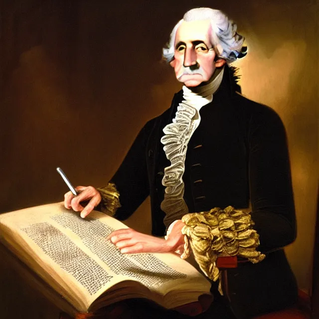 Image similar to ultra - realistic horrifying painting of george washington in a suit reading a dead sea scroll by candlelight, by dave dorman, paul carrick, dark, brooding, volume lighting, atmospheric lighting, painted, intricate, ultra detailed, well composed, best on artstation, cgsociety, epic, stunning, gorgeous, intricate detail, wow, masterpiece