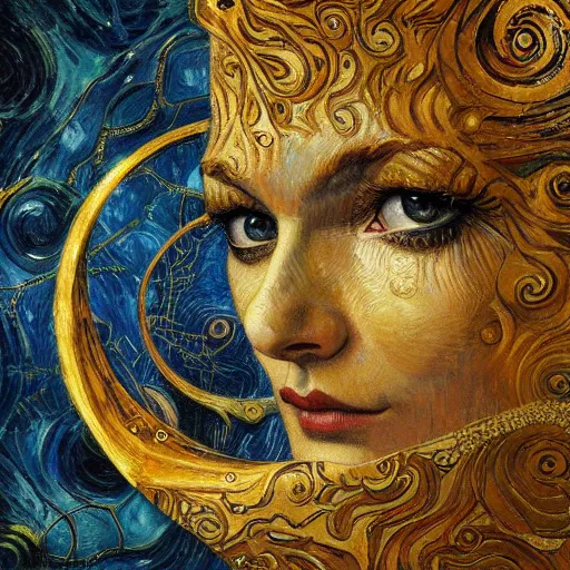 Prompt: Divine Chaos Engine portrait by Karol Bak, Jean Deville, Gustav Klimt, and Vincent Van Gogh, celestial, visionary, fractal structures, ornate realistic gilded medieval icon, spirals, mystical