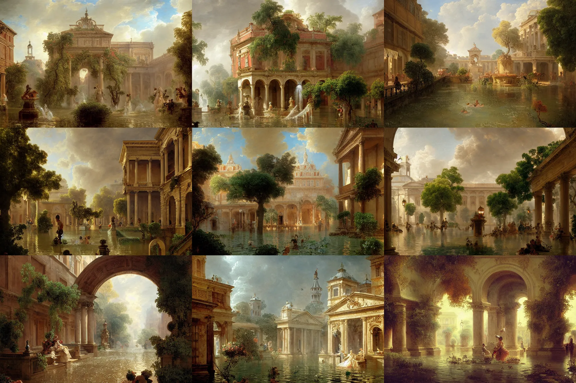 Prompt: colonial fountains of water flooding a town square, stoic, archways made of lush greenery, water coming out of windows, light dust, magnificent, hyperdetailed, theatrical, close up, masterpiece, painted by jean honore fragonard and greg rutkowski