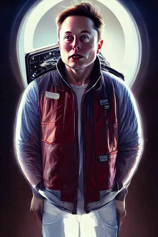 Image similar to elon musk as marty mcfly, realistic portrait, symmetrical, highly detailed, digital painting, artstation, concept art, smooth, sharp focus, illustration, cinematic lighting, art by artgerm and greg rutkowski and alphonse mucha