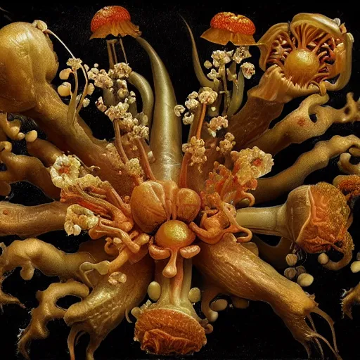 Image similar to disgusting disturbing dutch golden age bizarre mutant insect flower floral still life with many human toes realistic human toes blossoming everywhere very detailed fungus tumor disturbing tendrils bizarre slimy forms sprouting up everywhere by rachel ruysch black background chiaroscuro dramatic lighting perfect composition high definition 8 k 1 0 8 0 p