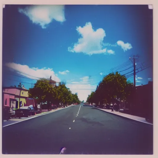 Image similar to colorful instant photograph of the middle of the street, polaroid, light leak, raw, nostalgic, daylight, blue sky, clouds