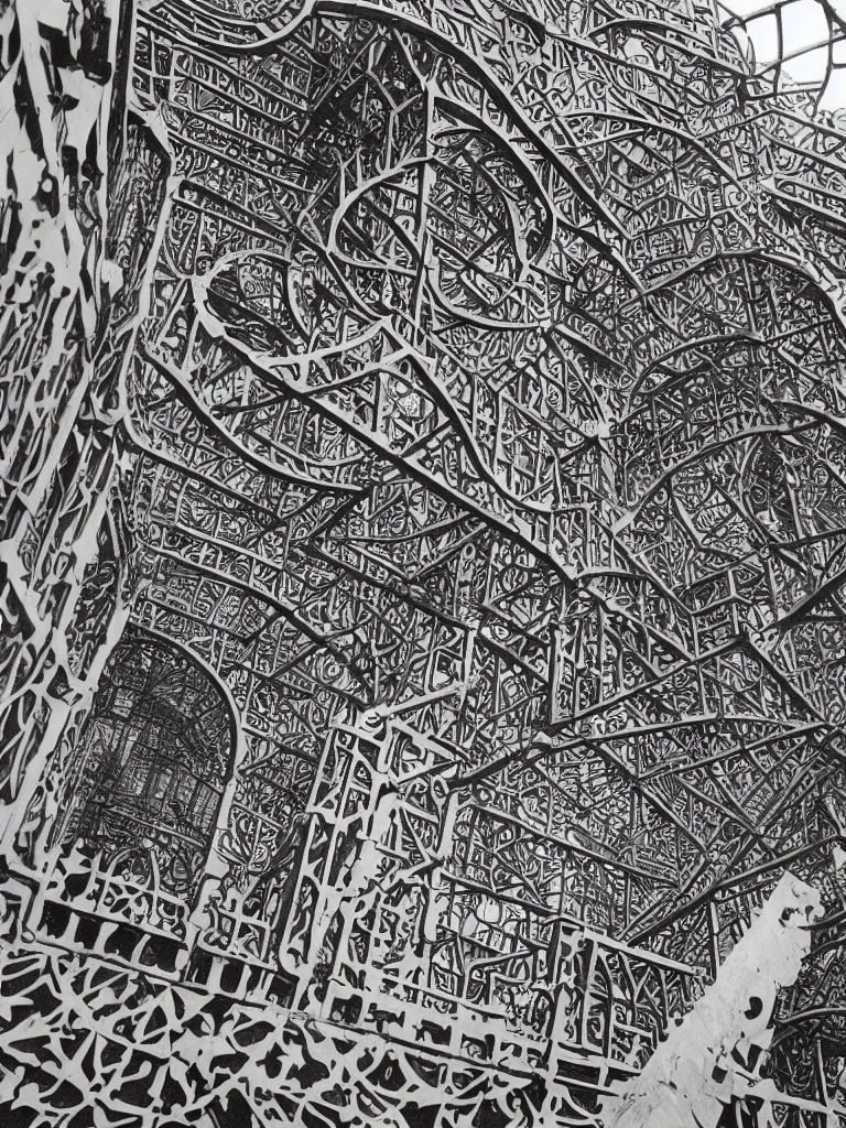 Image similar to intricate architectural latticework of alien bones by M.C. Escher