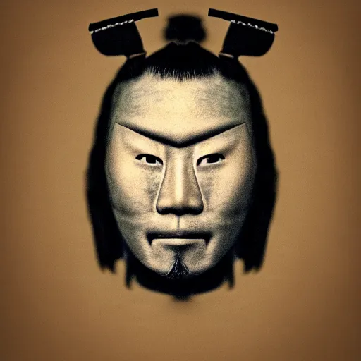 Prompt: a potrait of a samurai warrior taken in 1 6 3 0, in a circle, kodak 4 0 0, nft style, facing sideways, wearing an oni mask, grain, scretch, high quality, 8 k, photorealistic, real, old photo style