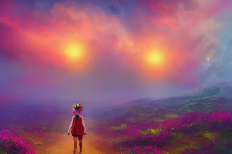 Image similar to giant dahlia flower crown under head, girl walking on mountain, surreal photography, colorful storm clouds, dramatic sunset, impressionist painting, digital painting, artstation, simon stalenhag