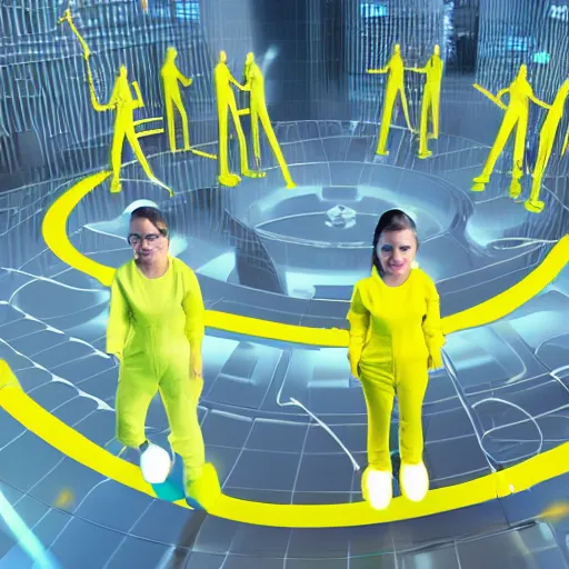 Image similar to futuristic world with people wearing yellow jump suits, 8 k resolution, cinematic lighting, anatomically correct