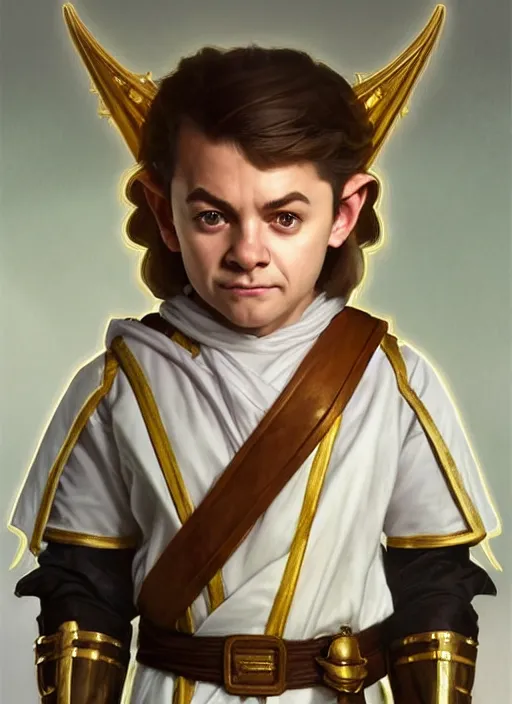 Image similar to symmetry!! oil painting dungeons & dragons portrait of a young halfling male cleric, white robe with gold accents, light brown hair pony tail, wry smirk, brown, gold and white cloak, necklace, elegant, highly detailed, artstation, concept art, smooth, sharp focus, illustration, art by artgerm and greg rutkowski and alphonse mucha