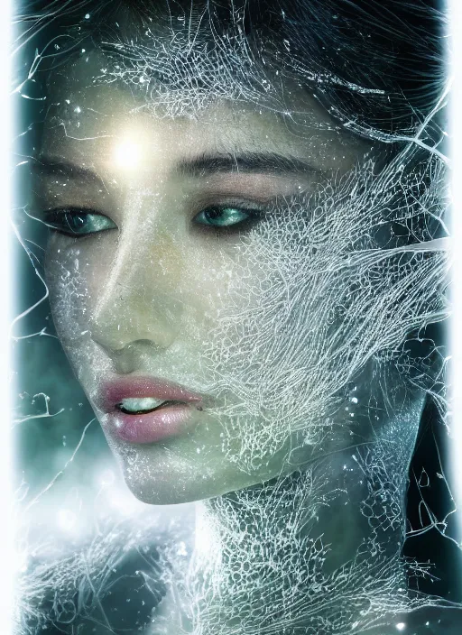 Prompt: double exposure effect, glowing silver and golden elements, full close-up portrait, realistic female model from shutterstock as a dark witch, book cover, green forest, white moon, red lips, establishing shot, extremly high detail, photo-realistic, cinematic lighting, pen and ink, intricate line drawings, by Yoshitaka Amano, Ruan Jia, Kentaro Miura, Artgerm, post processed, concept art, artstation, matte painting, style by eddie, raphael lacoste, alex ross