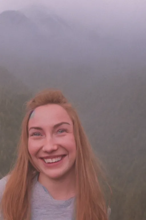 Prompt: film still of extreme close-up at young woman smile, fog, mountains in distance, 35mm