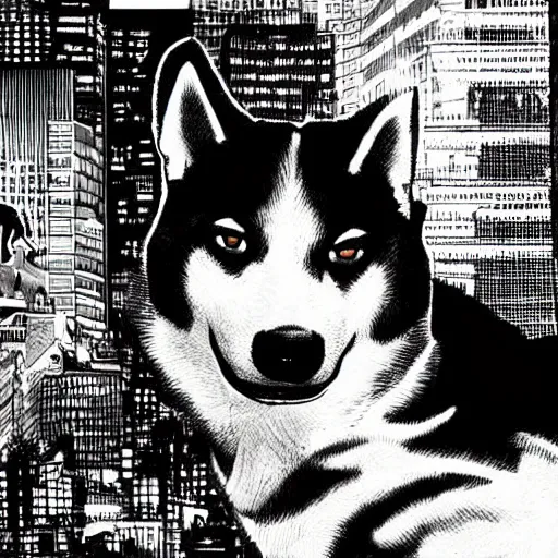 Image similar to noir comic book cover of shiba inu, artistic, high detail