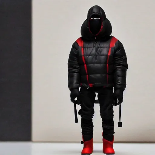 Prompt: kanye west using a full face covering black mask, a small, tight, undersized reflective bright red round puffer jacket made of nylon, dark jeans pants and big black balenciaga rubber boots action figure, 5 points of articulation, full body, 4 k, highly detailed