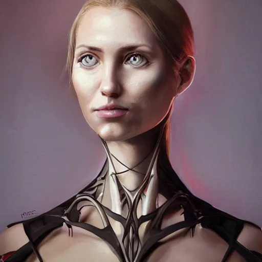 Image similar to surreal portrait of a woman by Greg Rutkowski and Artgerm, symmetrical face, she is about 30 years old, she is about 30 years old, pretty, blond hair with two strans around her face, slavic features, melancholic gaze, pretty aquiline nose, transformed into a kind of biomechanical transhuman goddes, uncany but fascinating, sad but determined look, cosmic void background, frightening, fascinating, highly detailed portrait, digital painting, book cover, artstation, concept art, smooth, sharp foccus ilustration, Artstation HQ