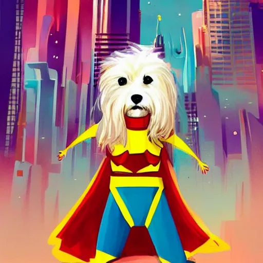 Image similar to cream colored havanese dog dressed as a super hero, tight shot, futuristic city, daytime, bright colors, highly coherent, saga comic, graphic novel, fiona staples