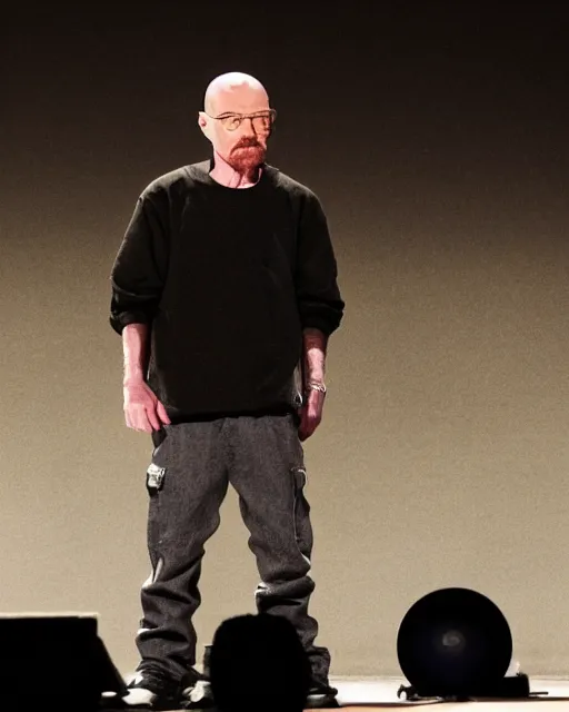 Prompt: A photo of Walter White on stage about to drop his latest rap album